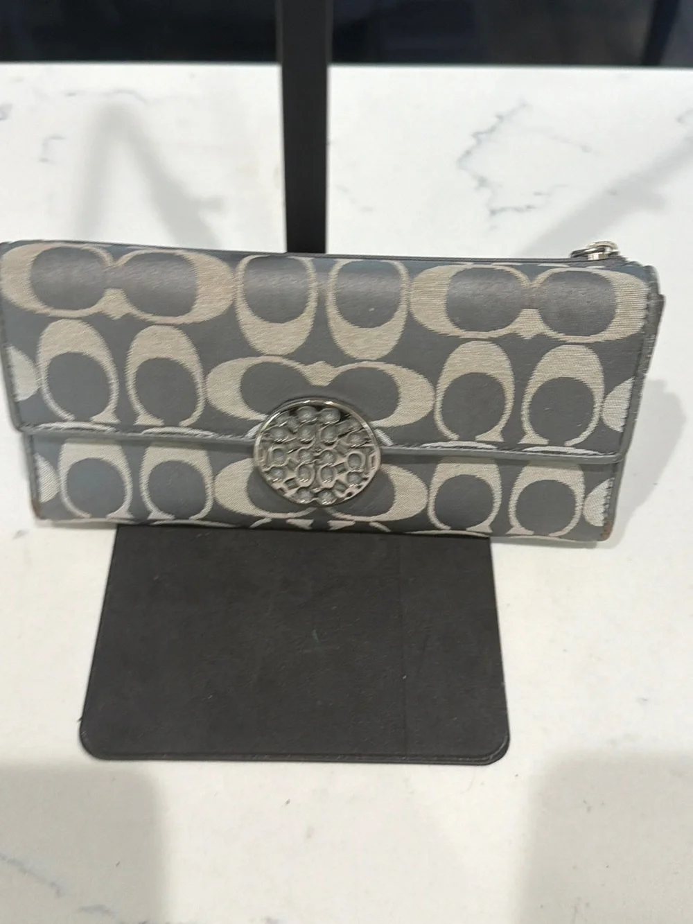 Coach Gray Signature Fold-Over Wallet with Silver Emblem